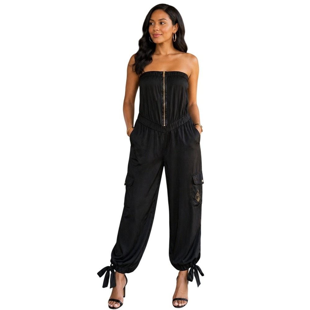 Baby Phat Jumpsuit Womens 13 Black Cargo Strapless Rhinestone Logo Y2K Ribbon